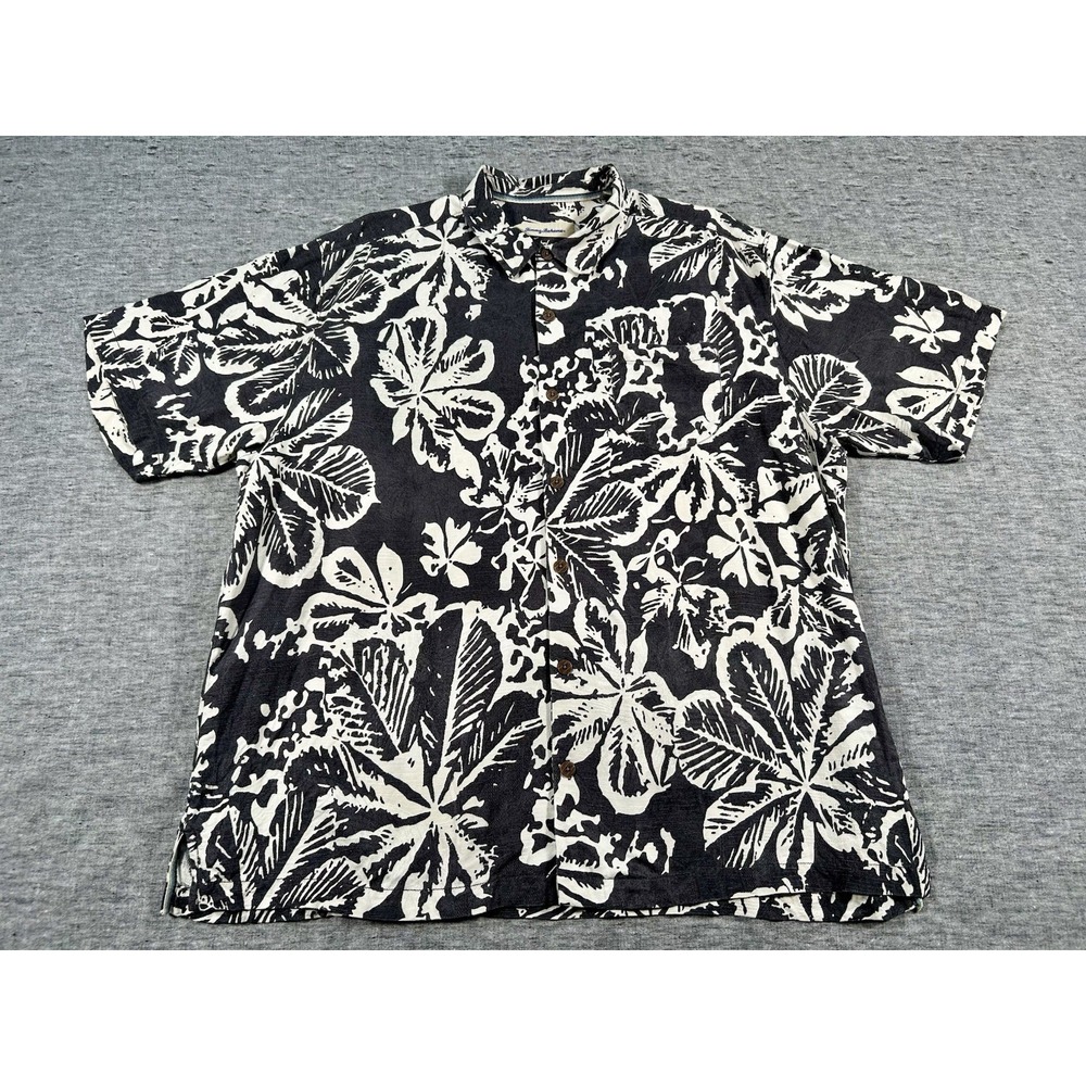 Tommy Bahama Silk Shirt Mens Extra Large Black White Flowers Chest Pocket